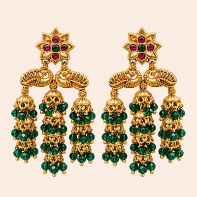 Antique Peacock Green Beaded Jhumka Earrings