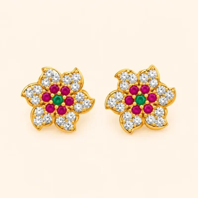 Impon Ruby Green Floral Stud Earrings