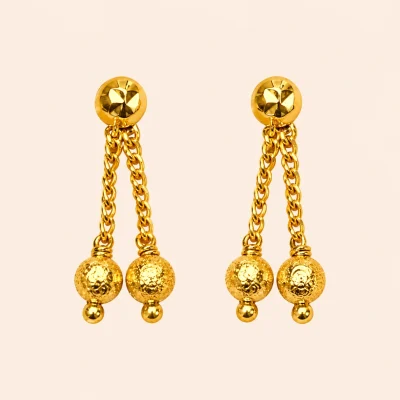 Gold Chain Double Ball Drop Earrings