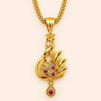 Peacock Floral Ruby Pendant Gold Chain