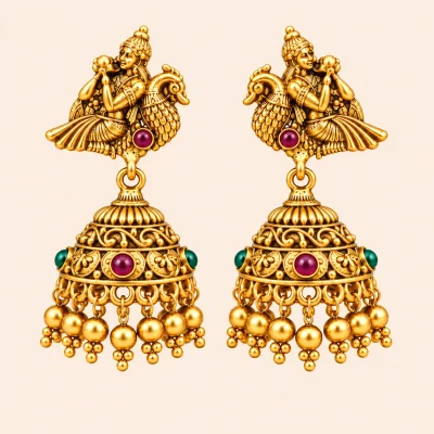 Krishna Flute Antique Jhumka Earrings